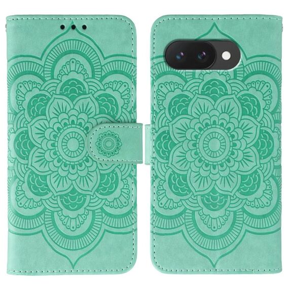 Custodia in pelle per telefono con motivo in rilievo Sun Mandala per Google Pixel 9a (verde)