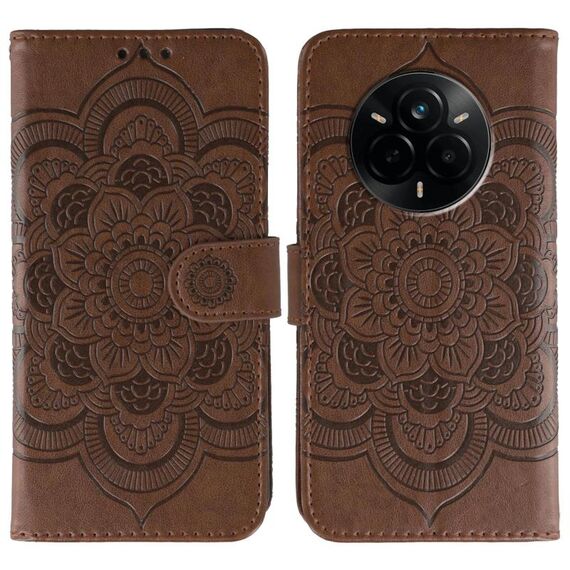 Custodia in pelle per Realme 14 Pro con motivo a mandala in rilievo (marrone)