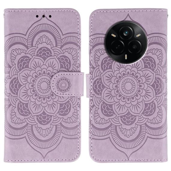 Custodia in pelle per telefono Realme 14 Pro con motivo a rilievo Sun Mandala (viola)