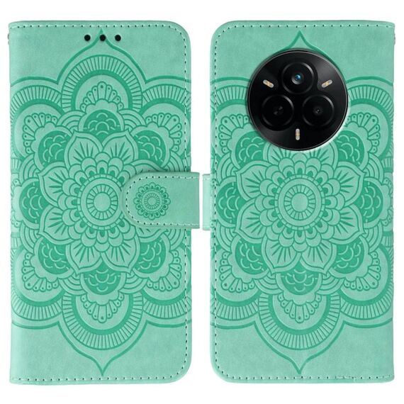 Custodia in pelle per Realme 14 Pro con motivo in rilievo Sun Mandala (verde)