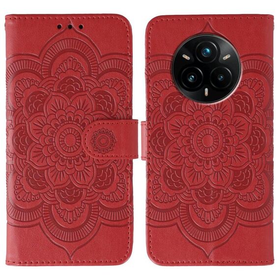 Custodia in pelle per Realme 14 Pro+ con motivo in rilievo Sun Mandala (rosso)