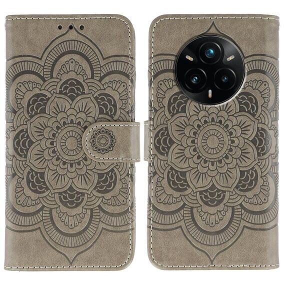 Custodia in pelle con motivo in rilievo Sun Mandala per Realme 14 Pro+ (grigio)