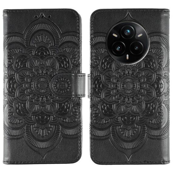 Custodia in pelle per Realme 14 Pro+ con motivo in rilievo Sun Mandala (nero)