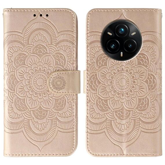 Custodia in pelle per Realme 14 Pro+ con motivo a rilievo Sun Mandala (oro rosa)