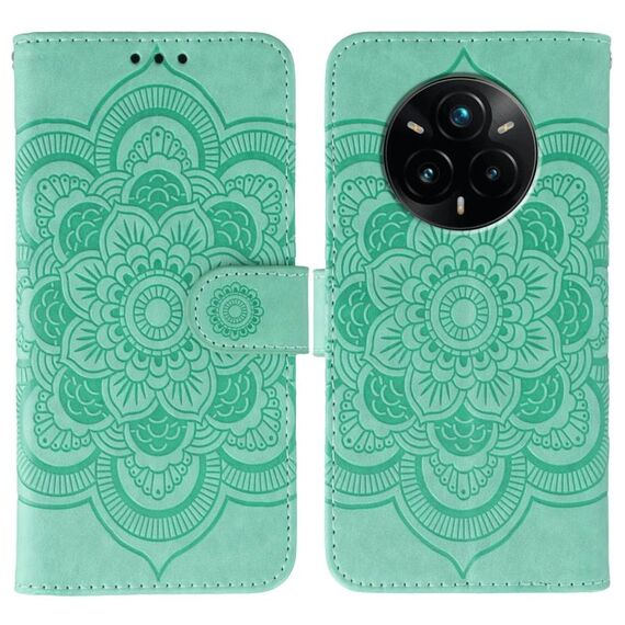 Custodia in pelle per Realme 14 Pro+ con motivo in rilievo Sun Mandala (verde)