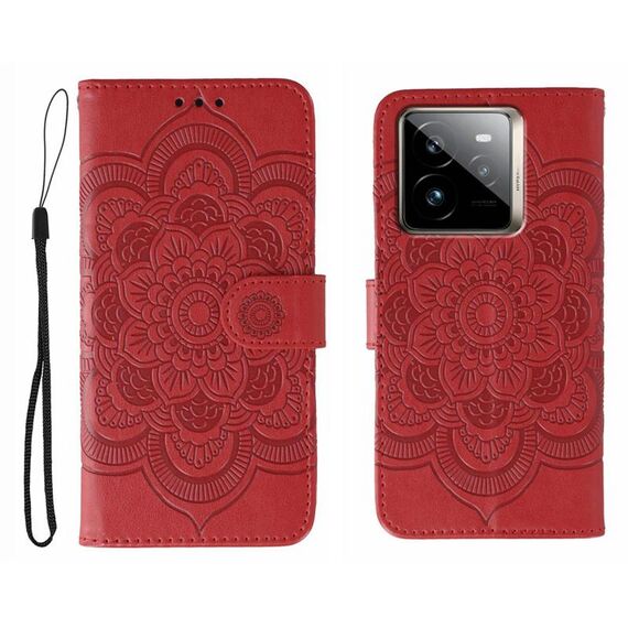 Custodia in pelle per telefono Realme GT7 Pro con motivo in rilievo Sun Mandala (rosso)