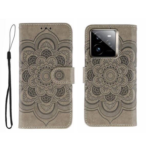 Custodia in pelle per telefono Realme GT7 Pro con motivo a rilievo Sun Mandala (grigio)