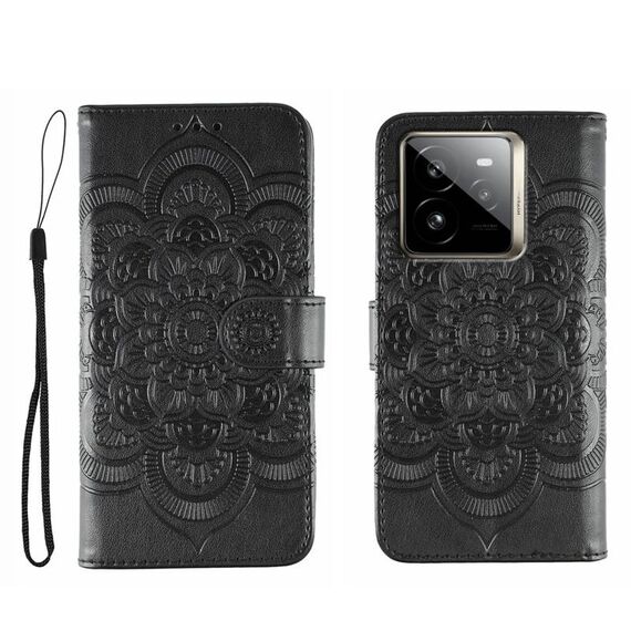Custodia in pelle per telefono Realme GT7 Pro con motivo in rilievo Sun Mandala (nero)