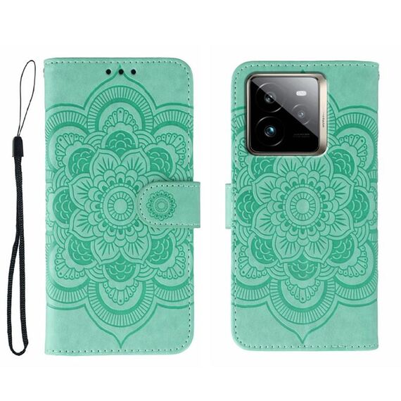 Custodia in pelle per telefono Realme GT7 Pro con motivo in rilievo Sun Mandala (verde)