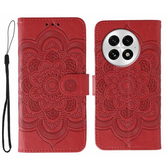 Custodia in pelle con motivo a rilievo Sun Mandala per OnePlus 13 (rosso)