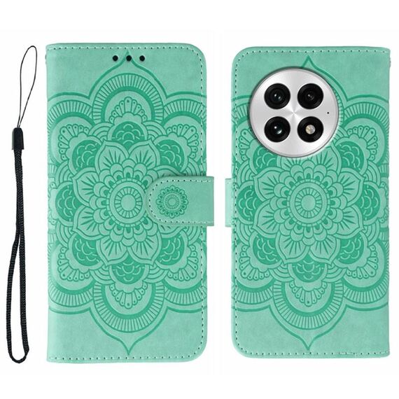 Custodia in pelle con motivo a rilievo Sun Mandala per OnePlus 13 (verde)