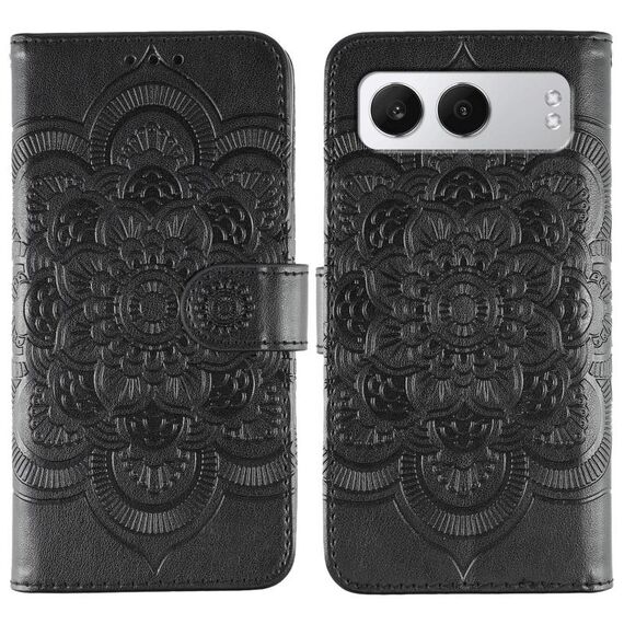 Custodia in pelle con motivo a rilievo Sun Mandala per OnePlus Nord 4 (nera)