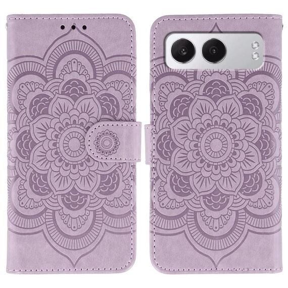 Custodia in pelle per OnePlus Nord 4 con motivo a rilievo Sun Mandala (viola)