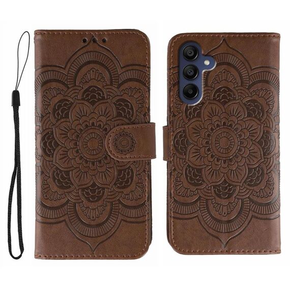 Custodia in pelle con motivo in rilievo Sun Mandala per Samsung Galaxy A36 (marrone)