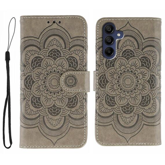 Custodia in pelle con motivo in rilievo Sun Mandala per Samsung Galaxy S25+ / S24+ 5G (grigio)