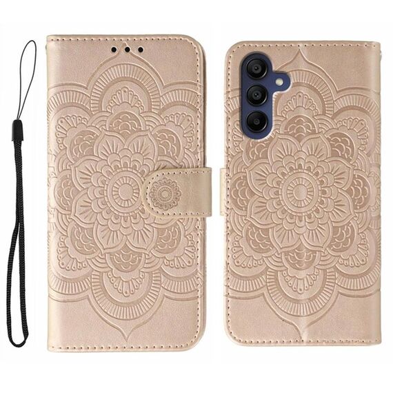 Custodia in pelle con motivo in rilievo Sun Mandala per Samsung Galaxy S25+ / S24+ 5G (oro rosa)