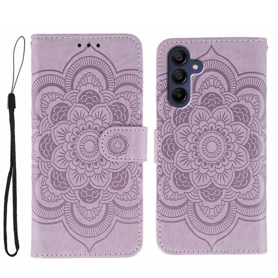 Custodia in pelle con motivo in rilievo Sun Mandala per Samsung Galaxy S25 / S24 5G (viola)