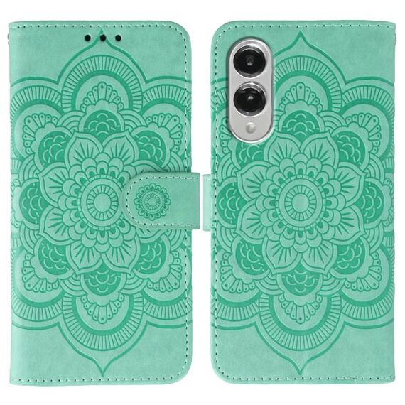 Custodia in pelle con motivo a rilievo Sun Mandala per Samsung Galaxy S25 Edge 5G (verde)