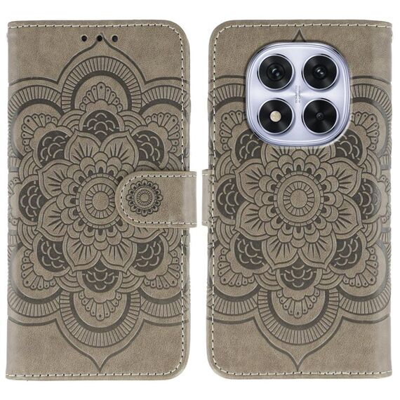 Custodia in pelle con motivo in rilievo Sun Mandala per Redmi Note 14 Pro 4G / 5G / Note 14 Pro+ (grigio)