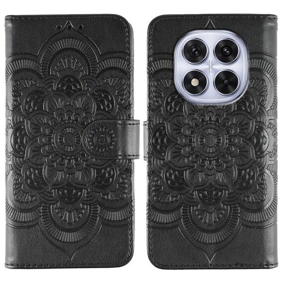 Custodia in pelle con motivo in rilievo Sun Mandala per Redmi Note 14 Pro 4G / 5G / Note 14 Pro+ (nero)
