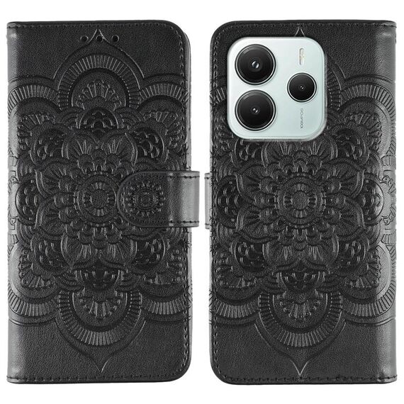 Custodia in pelle per telefono con motivo in rilievo Sun Mandala per Redmi Note 14 5G (nera)
