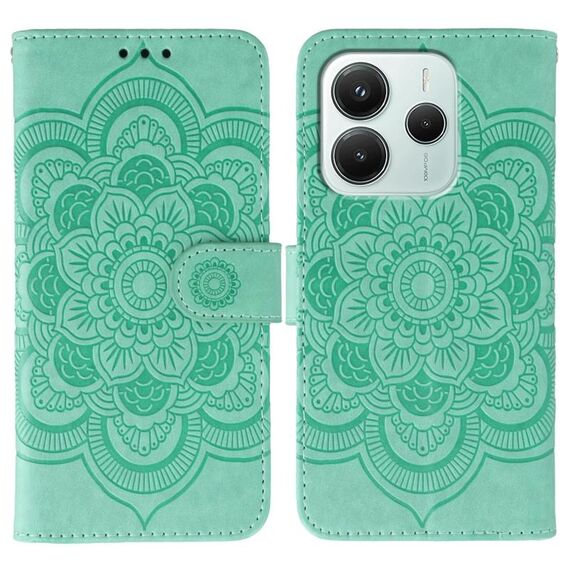 Custodia in pelle con motivo a rilievo Sun Mandala per Redmi Note 14 5G (verde)