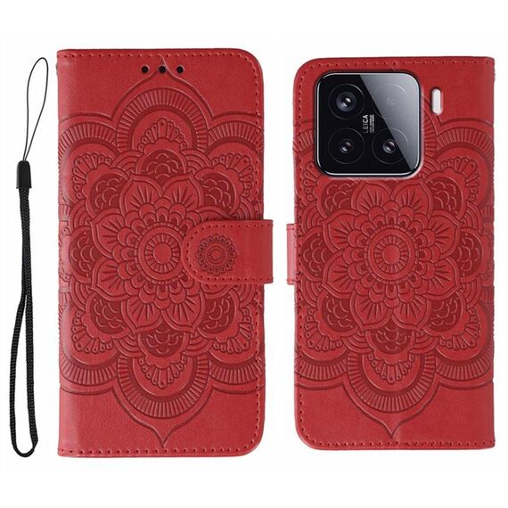 Custodia in pelle per telefono Xiaomi 15 Sun Mandala con motivo in rilievo (rosso)