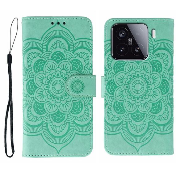 Custodia in pelle per telefono Xiaomi 15 Sun Mandala con motivo in rilievo (verde)