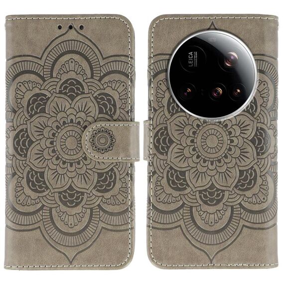 Custodia in pelle con motivo a rilievo Mandala per Xiaomi 15 Ultra Sun (grigio)