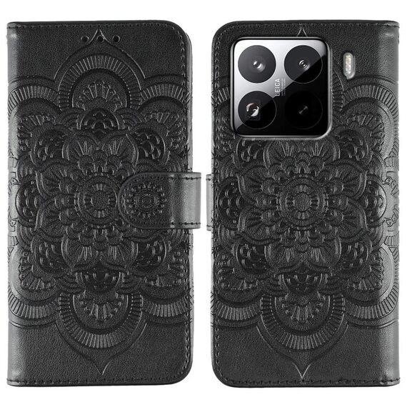 Custodia in pelle con motivo a rilievo Sun Mandala per Xiaomi 15 Pro (nera)