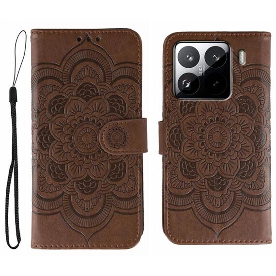 Custodia in pelle per telefono con motivo a mandala in rilievo per Xiaomi 15 Pro (marrone)