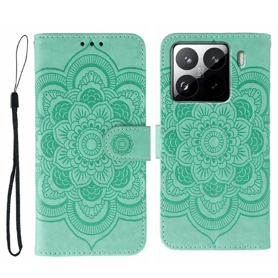 Custodia in pelle con motivo a rilievo Sun Mandala per Xiaomi 15 Pro (verde)
