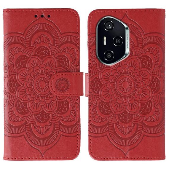Custodia in pelle per telefono con motivo in rilievo Mandala solare per Honor 400 (rossa)