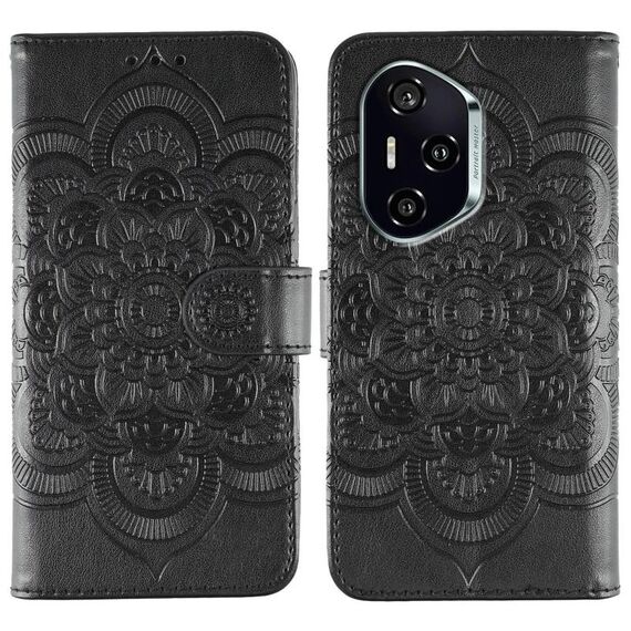 Custodia in pelle per telefono con motivo in rilievo Mandala solare per Honor 400 (nera)