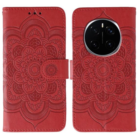 Custodia in pelle per telefono Honor Magic7 Pro con motivo in rilievo Sun Mandala (rosso)