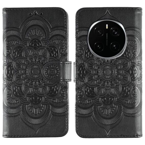 Custodia in pelle per telefono Honor Magic7 Pro con motivo a rilievo Sun Mandala (nero)
