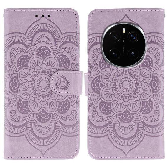 Custodia in pelle per telefono Honor Magic7 Pro con motivo a rilievo Sun Mandala (viola)