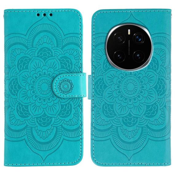 Custodia in pelle per telefono Honor Magic7 Pro con motivo a rilievo Sun Mandala (blu)