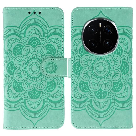 Custodia in pelle per telefono Honor Magic7 Pro con motivo a rilievo Sun Mandala (verde)