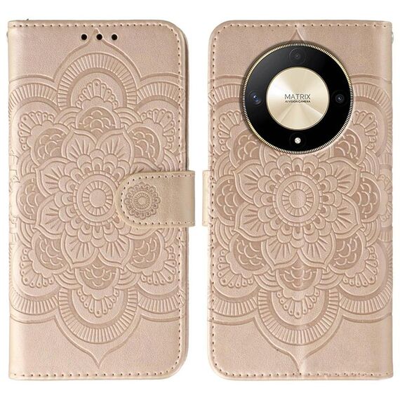 Custodia in pelle per telefono cellulare con motivo in rilievo Sun Mandala per Honor X9b / X50 / Magic6 Lite / X50 GT (oro rosa)