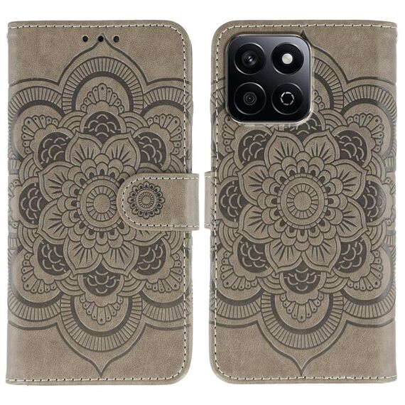 Custodia in pelle con motivo in rilievo Mandala solare per Honor Play 60 Plus / 200 Smart / X7C (grigio)