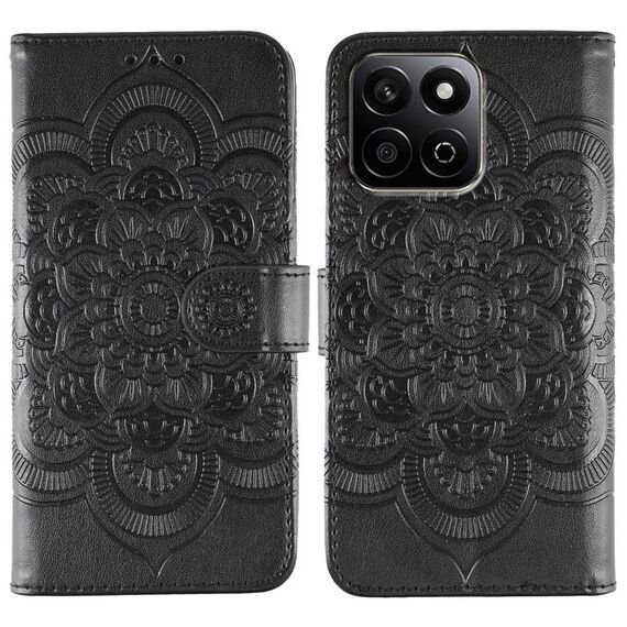 Custodia in pelle con motivo in rilievo Mandala solare per Honor Play 60 Plus / 200 Smart / X7C (nera)