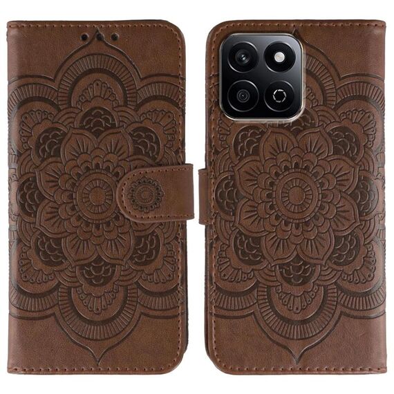 Custodia in pelle con motivo in rilievo Mandala solare per Honor Play 60 Plus / 200 Smart / X7C (marrone)
