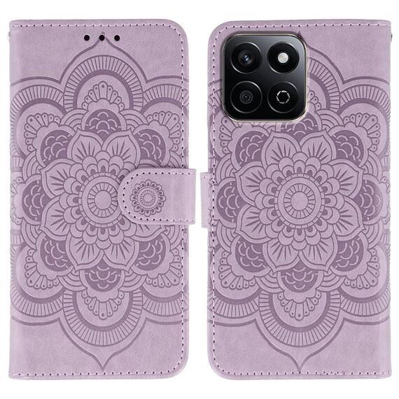 Custodia in pelle con motivo in rilievo Mandala solare per Honor Play 60 Plus / 200 Smart / X7C (viola)