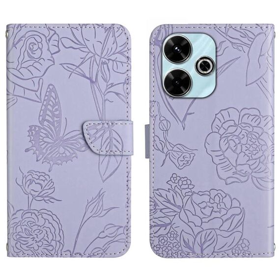 Custodia in pelle flip con motivo a farfalla in rilievo per Redmi 13x (viola)