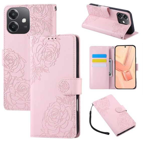 Custodia in pelle con 3 slot per carte di credito e motivo a fiori di rosa per OPPO A3X 5G India / 4G / A3 Global (rosa)