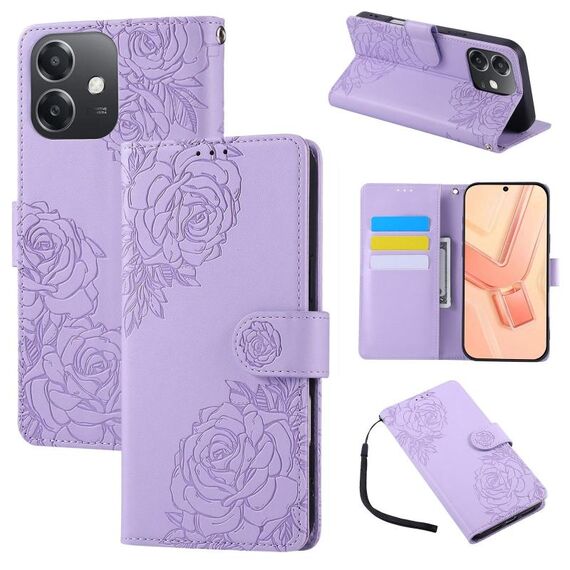 Custodia in pelle con 3 slot per carte di credito e motivo a fiori di rosa per OPPO A3X 5G India / 4G / A3 Global (viola)