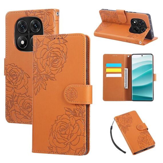 Custodia in pelle con 3 slot per carte di credito e motivo a fiori di rosa per Redmi Note 14 Pro 4G (marrone)
