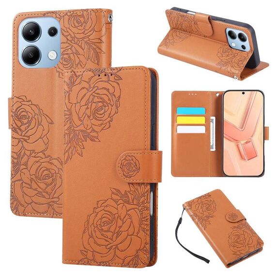 Custodia in pelle con 3 slot per carte di credito e motivo a fiori di rosa per Redmi Note 13 Pro 4G (marrone)
