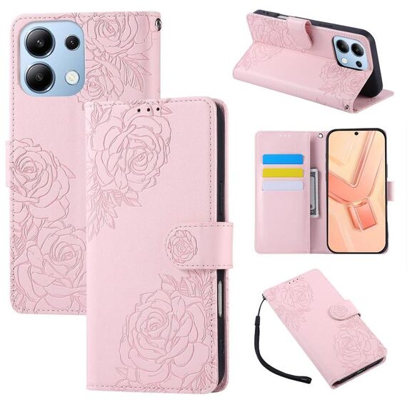 Custodia in pelle con 3 slot per carte di credito e motivo a fiori di rosa per Redmi Note 13 Pro 4G (rosa)
